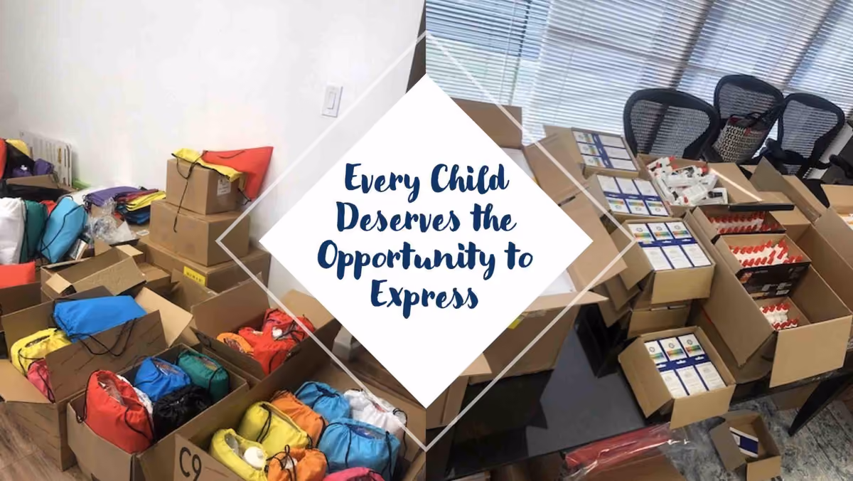 Boxes of art and school supplies sorted across a floor, captioned Every Child Deserves the Opportunity to Express