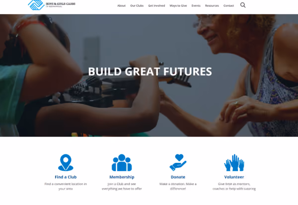 The redesigned homepage, with a Build Great Futures banner over four entry points: find a club, membership, donate and volunteer
