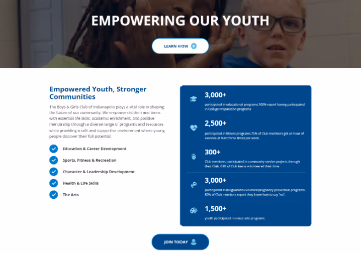 The redesigned Boys and Girls Clubs of Indianapolis site, showing an Empowering Our Youth banner above a panel of programme statistics